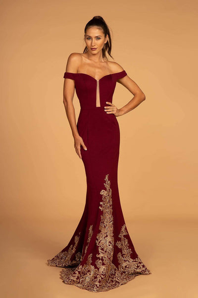 Sophisticated Off the Shoulder Floor Length Keyhole Applique Open-Back Cutout Fitted Sheer Embroidered Natural Princess Seams Waistline Mermaid Evening Dress with a Brush/Sweep Train
