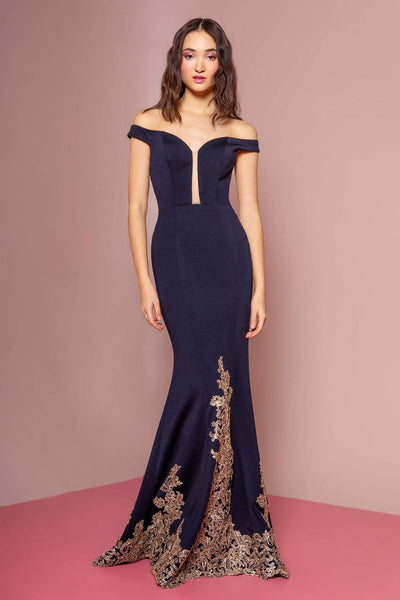 Sophisticated Natural Princess Seams Waistline Mermaid Off the Shoulder Floor Length Keyhole Open-Back Fitted Sheer Cutout Applique Embroidered Evening Dress with a Brush/Sweep Train