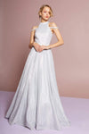 A-line Glittering Back Zipper Fitted Floor Length High-Neck Crepe Party Dress with a Brush/Sweep Train