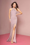 Sheath Floor Length Cutout Back Zipper Gathered Slit Fitted Halter Natural Waistline Sleeveless Sheath Dress/Evening Dress