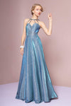 A-line Floor Length V Back Back Zipper Pocketed Glittering Cutout Fitted Wrap High-Neck Crepe Sleeveless Dress