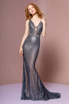 V-neck Mermaid Plunging Neck Floor Length Back Zipper Sheer Fitted V Back Natural Waistline Sleeveless Evening Dress with a Brush/Sweep Train