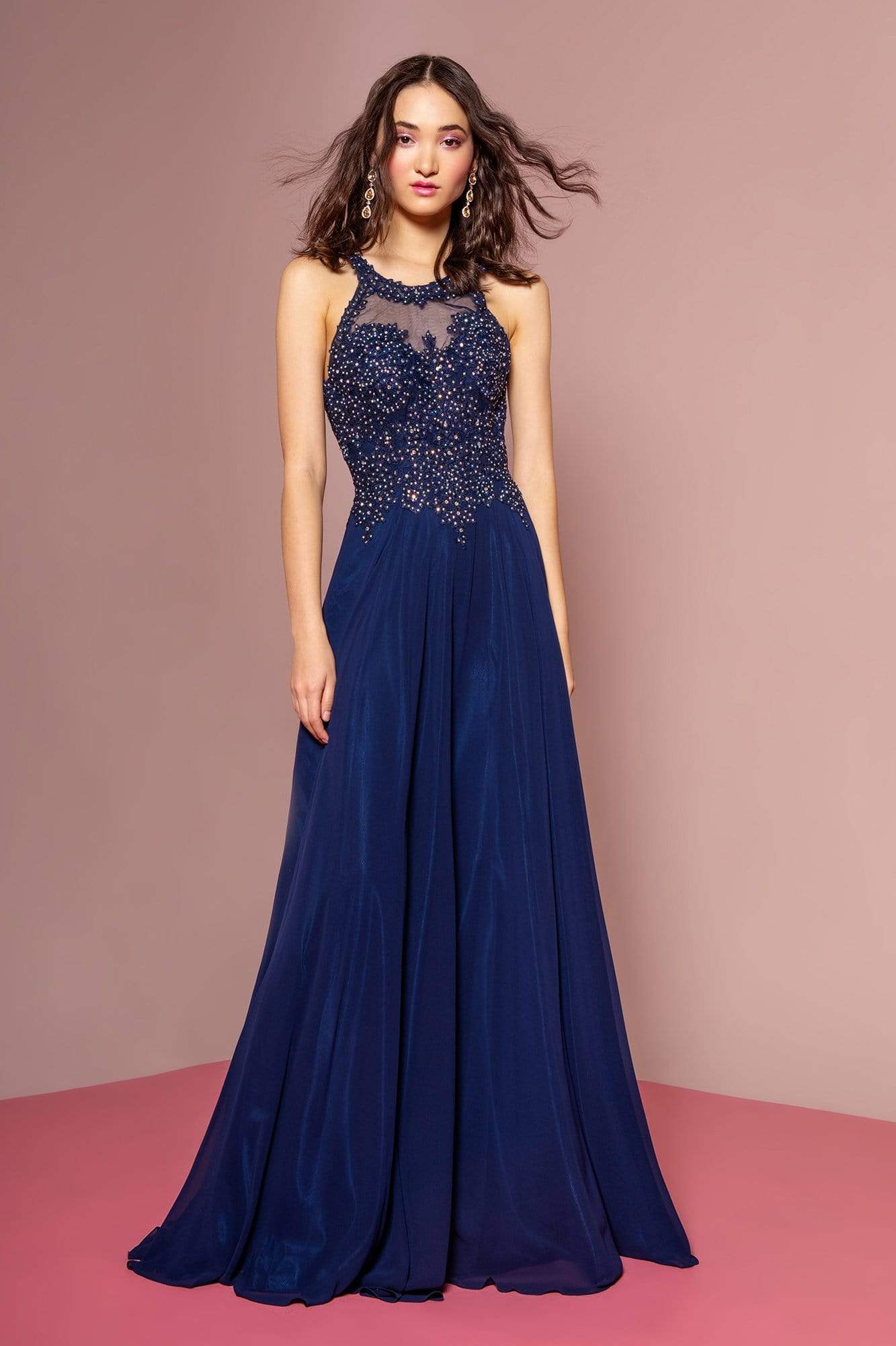 Elizabeth K - GL2690 Illusion Embroidery Appliqued A-Line Dress
