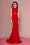 Natural Waistline Halter Cutout Fitted Back Zipper Mermaid Sleeveless Floor Length Jersey Dress with a Brush/Sweep Train