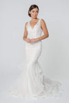 Sophisticated V-neck Fitted Back Zipper Open-Back Embroidered Mermaid Sleeveless Thick Straps Lace Natural Waistline Wedding Dress with a Brush/Sweep Train With Ruffles