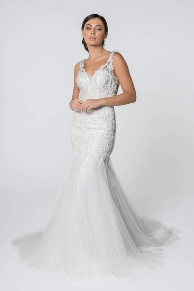 Sophisticated V-neck Lace Floor Length Natural Waistline Mermaid Sleeveless Embroidered Open-Back Pleated Mesh Fitted Wedding Dress with a Brush/Sweep Train