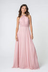 A-line Natural Waistline Floor Length Chiffon Back Zipper Wrap Shirred Open-Back Halter Dress