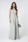 A-line Chiffon Halter Natural Waistline Floor Length Back Zipper Shirred Open-Back Wrap Dress