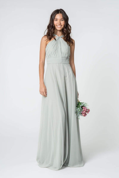 A-line Halter Shirred Open-Back Wrap Back Zipper Natural Waistline Floor Length Chiffon Dress