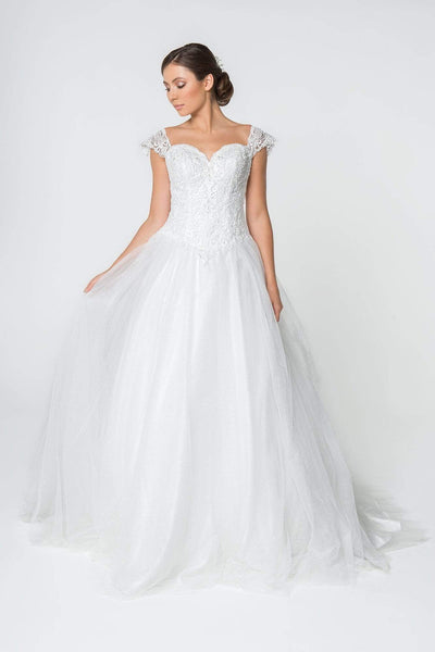 A-line Floor Length Mesh Fitted Open-Back Pleated Glittering Jeweled Lace Basque Waistline Cap Sleeves Sweetheart Wedding Dress with a Brush/Sweep Train