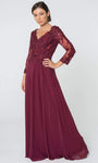 A-line V-neck Natural Waistline Long Sleeves Fitted Floor Length Mother-of-the-Bride Dress