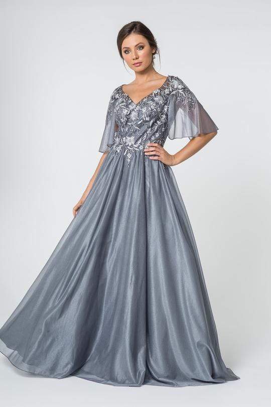 Elizabeth K - GL2830 Sheer Cape Sleeve Appliqued Chiffon Dress
