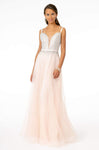 A-line V-neck Natural Waistline Sleeveless Spaghetti Strap Illusion Open-Back Wrap Back Zipper Jeweled Tulle Plunging Neck Dress with a Brush/Sweep Train