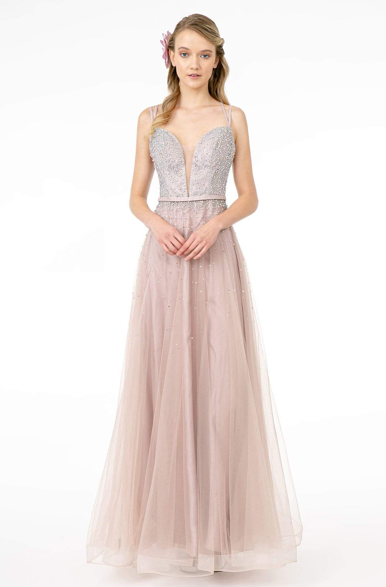 Elizabeth K - GL2892 Plunging Jewel-Studded A-Line Gown
