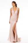 Tall Sophisticated V-neck Backless Open-Back Illusion Glittering Slit Lace-Up Back Zipper Sheath Sleeveless Natural Waistline Plunging Neck Metallic Sheath Dress with a Brush/Sweep Train