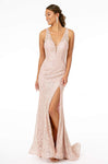 Tall Sophisticated V-neck Sleeveless Natural Waistline Sheath Metallic Illusion Open-Back Lace-Up Glittering Slit Backless Back Zipper Plunging Neck Sheath Dress with a Brush/Sweep Train