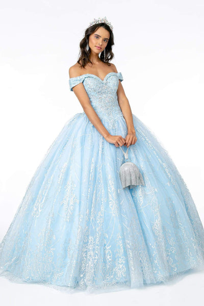 Basque Waistline Fitted Mesh Glittering Pleated Crystal Floor Length Fall Off the Shoulder Quinceanera Dress