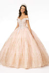 Fall Basque Waistline Off the Shoulder Fitted Crystal Pleated Glittering Mesh Floor Length Quinceanera Dress