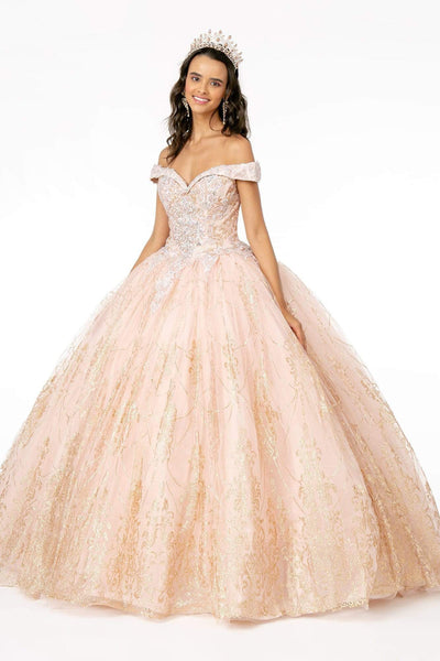 Glittering Crystal Mesh Pleated Fitted Fall Basque Waistline Floor Length Off the Shoulder Quinceanera Dress