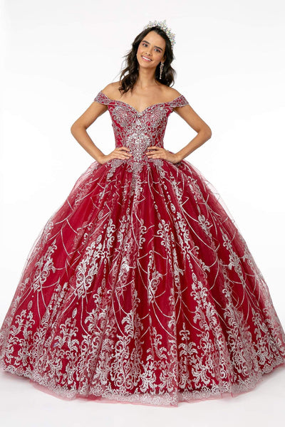 Fall Floor Length Basque Waistline Off the Shoulder Glittering Fitted Pleated Crystal Mesh Quinceanera Dress