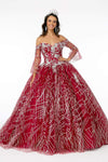 3/4 Sleeves Off the Shoulder Floor Length Basque Waistline Sheer Fitted Mesh Pleated Glittering Dress