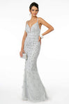 V-neck Beaded Illusion Glittering Open-Back Mesh Fitted Back Zipper Mermaid Natural Waistline Sleeveless Evening Dress with a Brush/Sweep Train