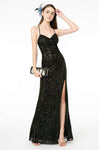 Sophisticated V-neck Sheath Sequined Wrap Slit Glittering Lace-Up Natural Waistline Sleeveless Spaghetti Strap Sheath Dress