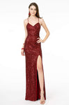 Sophisticated V-neck Sleeveless Spaghetti Strap Sheath Natural Waistline Wrap Glittering Lace-Up Sequined Slit Sheath Dress