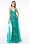 A-line V-neck Floor Length Sleeveless Spaghetti Strap Mermaid Glittering Mesh Tiered Hidden Back Zipper Draped Open-Back Sheer Illusion Plunging Neck Natural Waistline Dress