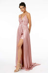 Tall A-line V-neck Open-Back Pleated Slit Sleeveless Metallic Dress with a Brush/Sweep Train by Elizabeth K