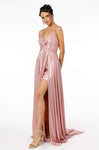 Tall A-line V-neck Natural Waistline Open-Back Back Zipper Pleated Slit Metallic Sleeveless Dress with a Brush/Sweep Train