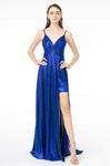 Tall A-line V-neck Metallic Sleeveless Slit Pleated Open-Back Dress with a Brush/Sweep Train by Elizabeth K