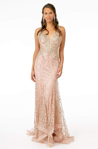 V-neck Open-Back Lace-Up Glittering Sheer Fitted Back Zipper Plunging Neck Sleeveless Spaghetti Strap Mermaid Natural Waistline Floor Length Dress with a Brush/Sweep Train