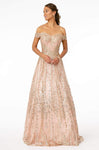 A-line Floor Length Lace-Up Fitted Sequined Embroidered Natural Waistline Off the Shoulder Party Dress