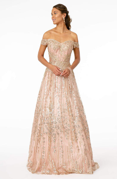 A-line Sequined Lace-Up Embroidered Fitted Off the Shoulder Floor Length Natural Waistline Party Dress
