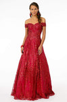 A-line Floor Length Natural Waistline Fitted Lace-Up Sequined Embroidered Off the Shoulder Party Dress