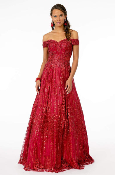 A-line Floor Length Fitted Lace-Up Embroidered Sequined Natural Waistline Off the Shoulder Party Dress