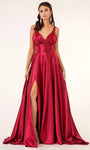 Sexy A-line V-neck Empire Waistline Plunging Neck Floor Length Sleeveless Illusion Slit Sheer Satin Dress