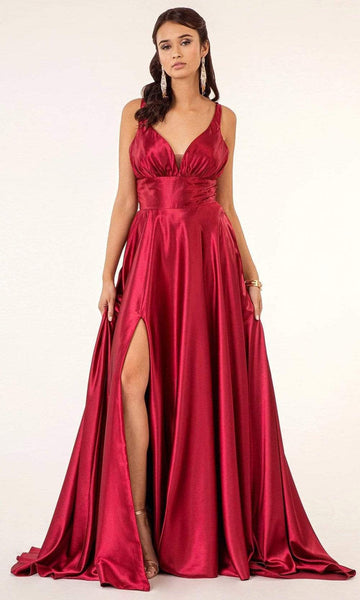 Sexy A-line V-neck Plunging Neck Floor Length Slit Sheer Illusion Satin Empire Waistline Sleeveless Dress