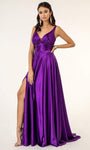 Sexy A-line V-neck Satin Plunging Neck Sleeveless Sheer Illusion Slit Floor Length Empire Waistline Dress