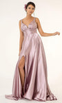 Sexy A-line V-neck Illusion Slit Sheer Satin Plunging Neck Empire Waistline Sleeveless Floor Length Dress