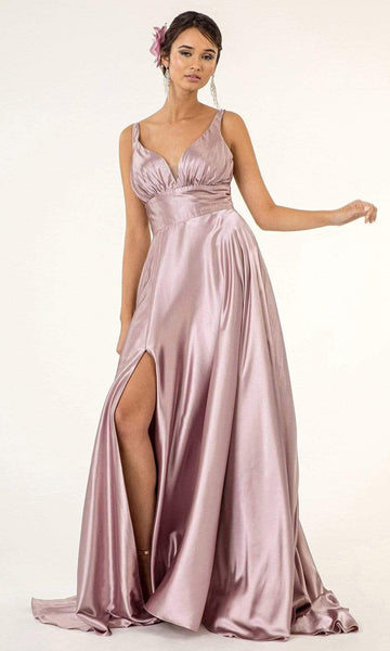 Sexy A-line V-neck Satin Illusion Sheer Slit Empire Waistline Plunging Neck Sleeveless Floor Length Dress