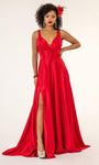 Sexy A-line V-neck Sleeveless Satin Empire Waistline Floor Length Slit Sheer Illusion Plunging Neck Dress