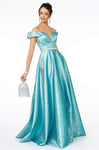 Tall A-line Plunging Neck Sweetheart Natural Princess Seams Waistline Floor Length Metallic Beaded Back Zipper Illusion Sheer Pocketed Fitted Off the Shoulder Prom Dress with a Brush/Sweep Train