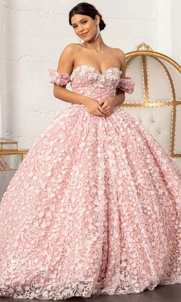 Off the Shoulder Floral Print Basque Corset Waistline Lace Sweetheart Lace-Up Sequined Open-Back Applique Mesh Ball Gown Dress