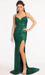 Sexy Sleeveless Spaghetti Strap Plunging Neck Sweetheart Natural Waistline Beaded Back Zipper Cutout Sheer Sequined Open-Back Slit Floor Length Sheath Sheath Dress/Evening Dress with a Brush/Sweep Tra