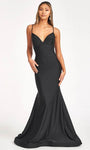 V-neck Empire Waistline Jersey Mermaid Spaghetti Strap Lace-Up Plunging Neck Prom Dress with a Brush/Sweep Train With Rhinestones