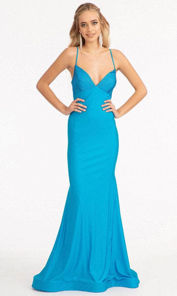V-neck Lace-Up Plunging Neck Jersey Empire Waistline Mermaid Spaghetti Strap Prom Dress with a Brush/Sweep Train With Rhinestones