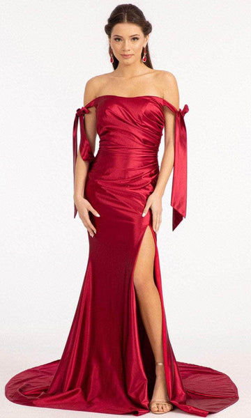 Straight Neck Natural Waistline Ruched Open-Back Back Zipper Slit Satin Mermaid Off the Shoulder Prom Dress/Party Dress with a Brush/Sweep Train With a Bow(s)