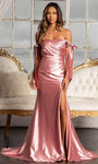 Natural Waistline Open-Back Ruched Back Zipper Slit Off the Shoulder Satin Mermaid Straight Neck Prom Dress/Party Dress with a Brush/Sweep Train With a Bow(s)